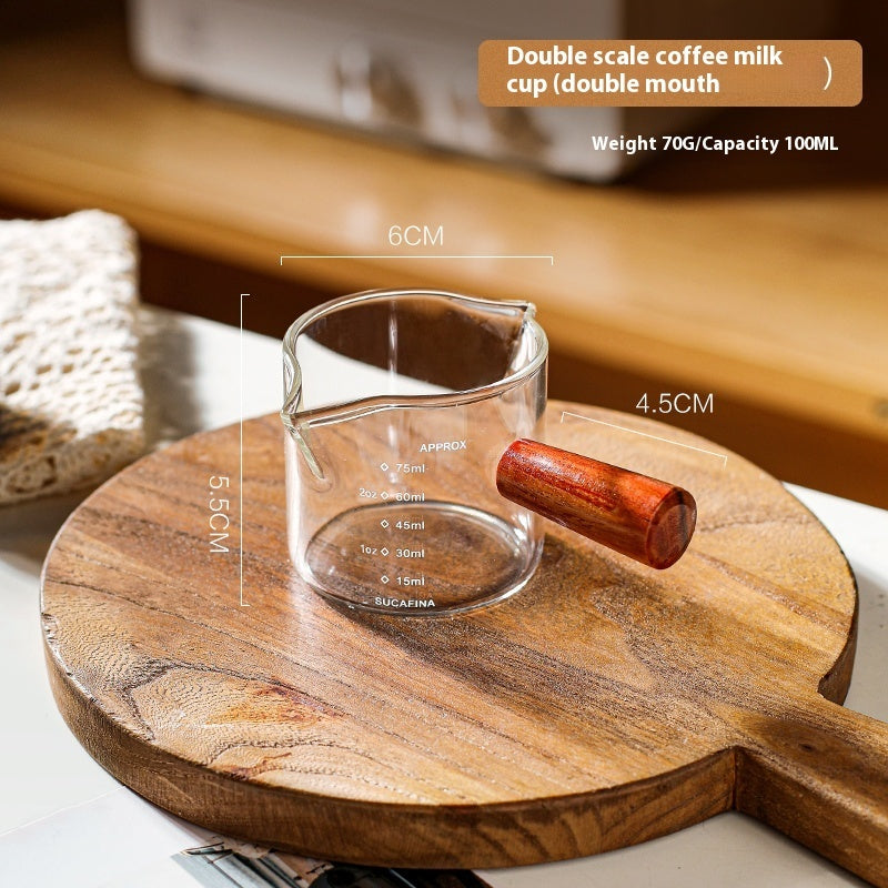 Coffee Cup Glass With Scale To Measure The Wooden Handle