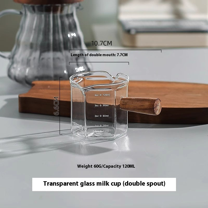 Coffee Cup Glass With Scale To Measure The Wooden Handle