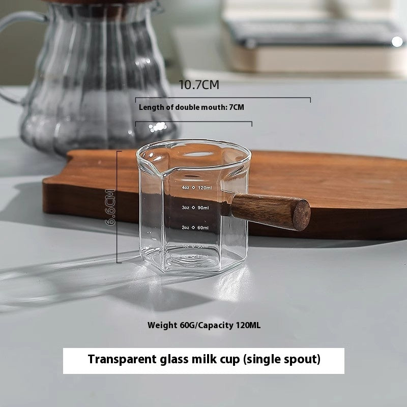Coffee Cup Glass With Scale To Measure The Wooden Handle